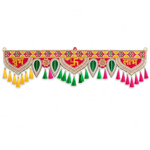 Image of ONESTA Handcrafted Shubh Labh Door Toran Bandhanwar with Swastik & Mirror Work | Traditional Main Door Hanging with Tassels | Decorative Toran for Diwali Pooja Temple Griha Pravesh & Home Entrance (3 Feet Size 36 Inch Pack 01)