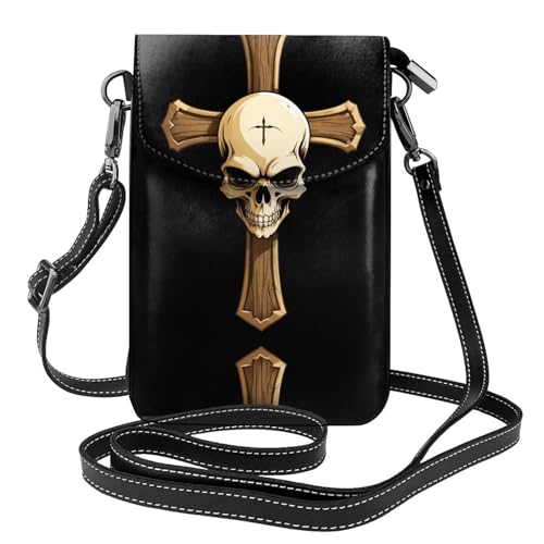Petit sac bandoulière cuir porte-téléphone motif croix skull