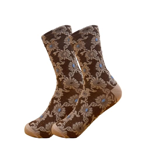 Image of 5 Pairs Floral Socks Women Trendy Flower Socks Embroidered Vintage,Girls Cute Sweet Nordic Textured Cotton Socks
