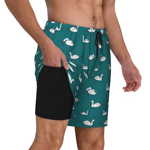Men's Cute Swans Print Quick-Dry Mesh Swim Trunks Stretch Lining Beach Shorts Surfing Summer Vacations Black