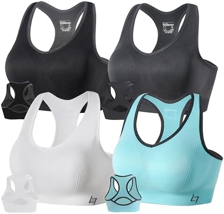 FITTIN Racerback Sports Bras for Women - Padded Seamless Support Bra for Yoga Gym Workout Fitness, Black/White/Blue/Grey, XL