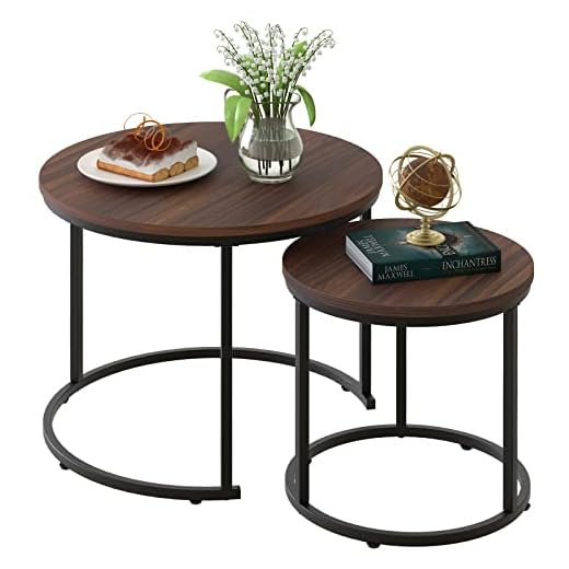 aboxoo Coffee Table Nesting Side Round Set of 2 End Table Top Sturdy Metal Frame Desk Centerpiece Living Room Bedroom Apartment Modern Industrial Simple Nightstand