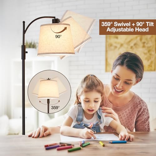Image of AIDENOEY Fully Dimmable Floor Lamp for Living Room,Standing Lamp Rotary Switch with Table&Linen Beige Shade,Black Tall Lamps for Bedroom with Adjust Head,9W LED Bulb Included