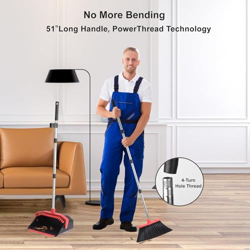 Image of Tiumso Upgrade Broom with Dustpan Combo Set, Broom and Dustpan Set with 51'' Long Handle, Dust Pan and Brooms, ZeroGap Lip, Self-Cleaning Dustpans Teeth for Lobby Kitchen Restaurant - Black and Red