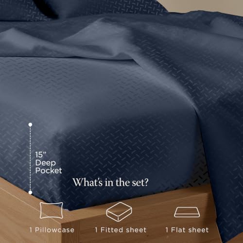 Image of Threadmill 300TC Cotton Twin Sheet Set, Sateen, Jacquard, Folkstone Blue | 100% Cotton, Sateen Weave, Jacquard Pattern, 3-Piece Set, 16 inch Deep Pocket, All-Around Elastic, Cooling, Breathable