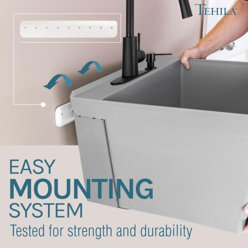 Image of JS Jackson Supplies Tehila Grey Wall-Mounted Utility Sink Tub Kit with Black Pull-Down Faucet, Wall-Mounted Utility Tub with Wall Bracket for Laundry Room, Garage, Workshop