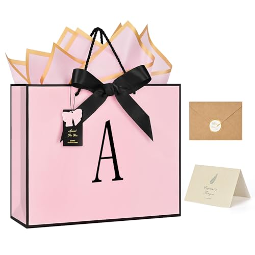 ZUKEPU Birthday Gift Bag Personalized Initial Pink Gift Bags for Women & Girls Medium Valentines Gift Paper Bags with Card and Tissue Paper Stands up perfectly for Weddings Party & All Holidays (Pink A-Medium)