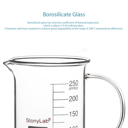 Image of stonylab Glass Beaker with Handle, Borosilicate Glass Graduated Low Form Griffin Beaker with Handle and Pouring Spout, 250 ml