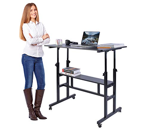 Aiz Mobile Standing Desk, Adjustable Computer Desk Rolling Laptop Cart On Wheels Home Office Computer Workstation, Portable Laptop Stand Tall Table For Standing Or Sitting, Black, 39.4" X 23.6" #TOP6