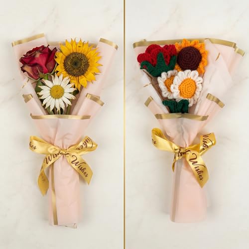 Image of HindCraft Handmade Crochet Flower Bouquet | Crochet Rose Sunflower Daisy Bouquet | Artificial Forever Flowers for Birthday, Anniversary, Valentine Gift, Room Decor