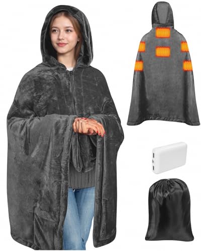 Cordless Heated Blanket Battery Operated w/Hoodie, Heated Wearable Blanket Throw