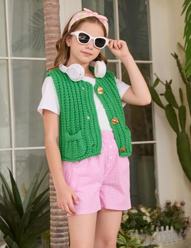 Flygo Girls Sweater Vest Chunky Button Down Crochet Knit Cardigan Trendy Sleeveless Sweaters Top with Pockets 5-14 Years3