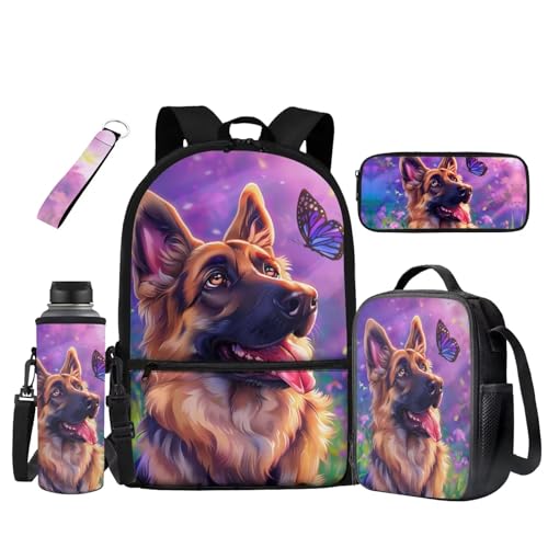 German Shepherd Backpack and Lunch Bag Set for Girls 6-8/8-9 Dog Elementary School Bookbag Butterfly Back Pack with Lunch Box Pencil Case Watter Bottle Holder Keychain Kids Student Book Bags