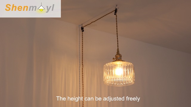 Image of Shenmoyl Plug in Pendant Light Hanging Light Fixtures with Plugin Cord On /Off Switch,Clear Striped Glass Lampshade Brass Pendant Light