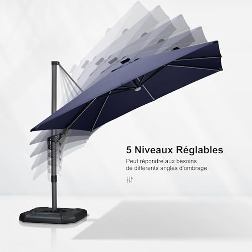 Image of PURPLE LEAF 3 x 3 m Square Cantilever Parasol with Solar LED, Outdoor Garden Parasol Rotate 60 on Both Sides, Tilt and Rotate 360, UV Protection, Navy Blue