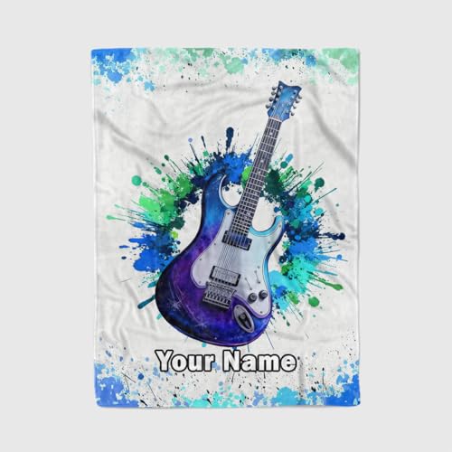 XHENTAI Personalised Guitar Blanket with Custom Name – Soft Fleece Throw for Kids & Teens, Musical Instrument Design, Cosy Gift Bed & Sofa
