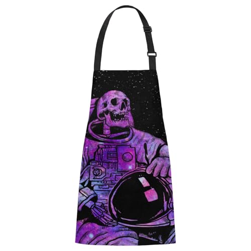 Aglebo Skull Astronauts Chef Apron with Pockets Adjustable Shoulder Strap Waterproof Cooking Apron for Kitchen Baking Gardening Pottery Painting