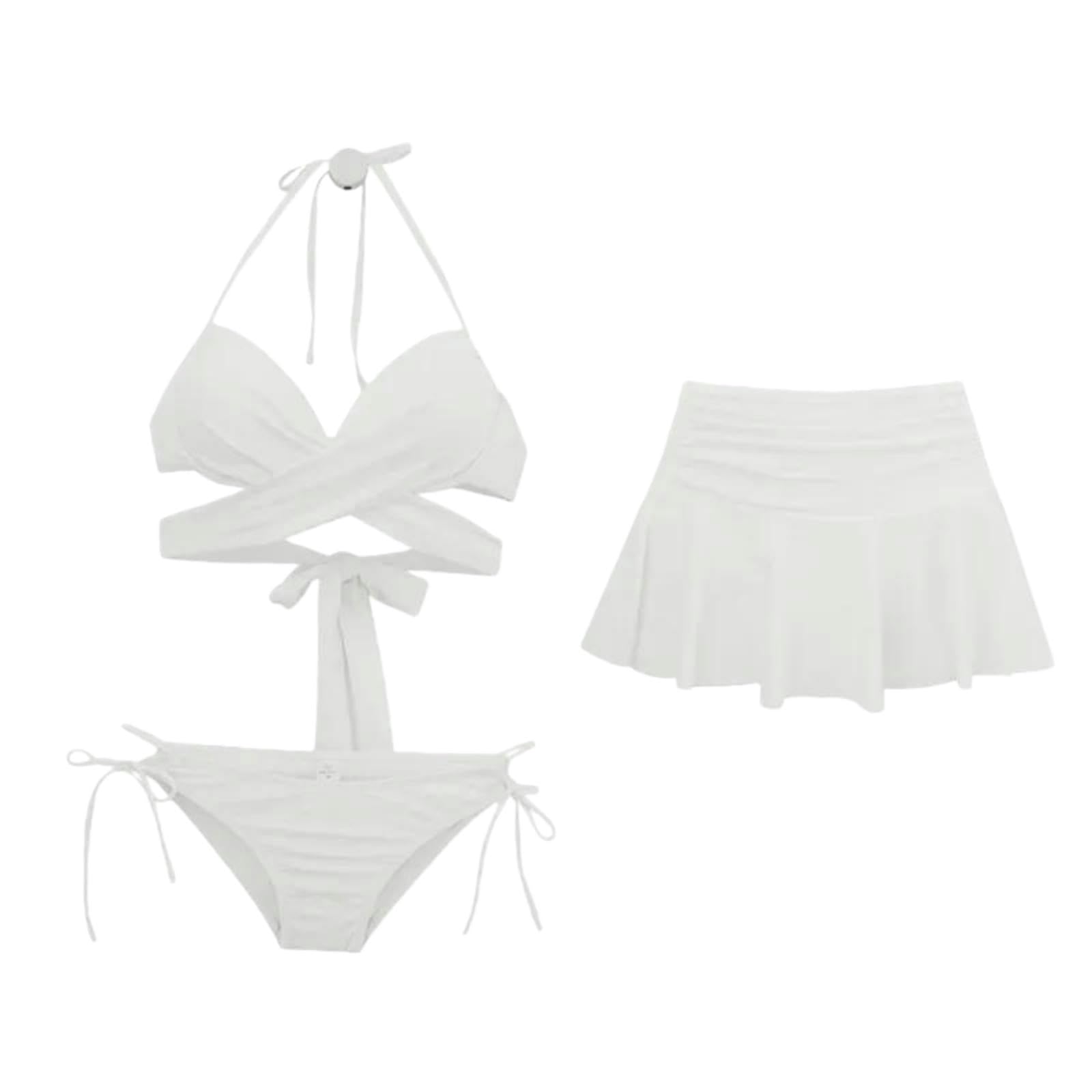 Bikini 3 pièces blanc maillot de bain triangle fendu et paréo de plage d'été pour femmes taille M
