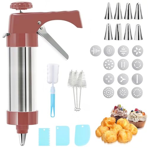 Kisizity Gebäckspritze Spritzgebäck Maschine Rot Spritzgebäck Presse Tortenspritze Garnierspritze mit 13 Enthaltene Form-Discs und 8 Spritztüllen für Herstellung Von Keksen Kuchen und Churros