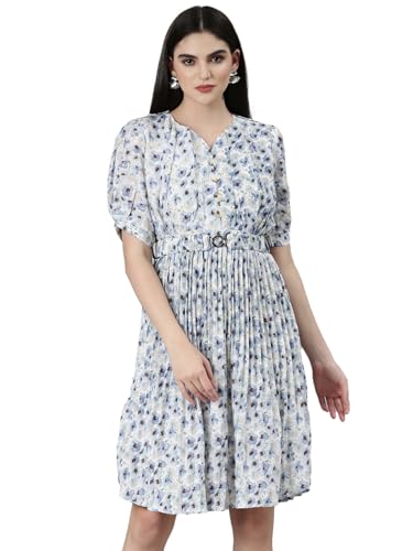 Image of SHOWOFFFF Women Printed Fit and Flare Casual Dress | Sweetheart Neck 3 /4th Sleeves Cotton Dress for Womens | Knee Length Dress for Women's