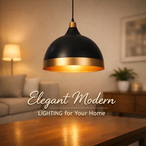 Image of DarkVision Modern Metal Black with Gold Shade Hanging Pendant Light Dome Shape with Adjustable Cord Ceiling Fixture for Kitchen Island, Bedroom, Living Room, Balcony, Dining Area (Bulb Included)