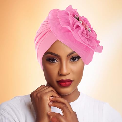 Bohend Flower Turbans Cap Pearl Knot Headwarp Beanie Pre Tied Head Cover Bonnet Women Muslim Stretchy Pleated Headscarf Hat2