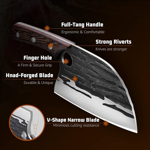 Huusk Upgraded Serbian Chef Knife-Japanese Meat Cleaver Knife for Meat Cutting Forged Butcher Knives with Sheath Full Tang Kitchen Chopping Knives for Home, Outdoor Camping, Gift for Men and Women