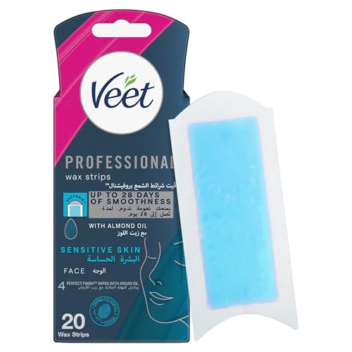 Veet easy grip - Bandas de cera depilatoria facial (pieles normales, 20 bandas, 4 toallitas para un acabado perfecto)