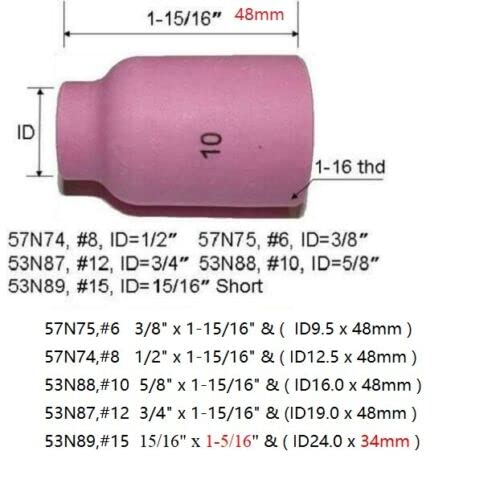 Image of RIVERWELD TIG Gas Lens Alumina Nozzle 57N 53N 6#, 8#, 10#, 12#, 15# 10pcs | Jumbo 53N87 3 /4 inch 53N88 5 /8 inch 53N89 15 /16 inch 57N74 1 /2 inch 57N75 3 /8 inch & SR WP 9 17 18 20 25 26 TIG Welding Torch