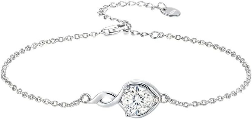 925 Sterling Silver Infinity Bracelet for Women, 6mm Heart Cut Gemstone Pendant, 6.5"+2" Adjustable Chain, Dainty Birthstone Jewelry