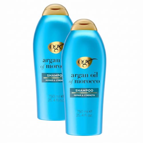 OGX Renewing + Argan Oil of Morocco Shampoo, Damage Repair Shampoo & Argan Oil to Help Strengthen & Repair Dry, Damaged Hair, Paraben-Free, Sulfate-Free Surfactants, 25.4 fl. oz (Pack of 2)