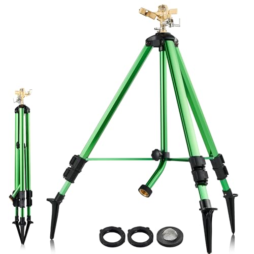 Impact Sprinkler on Tripod Base, 49inch Tall Lawn Tripod Sprinklers for Yard Large Area, 360 Degree Area Coverage Yard Sprinkler, Heavy Duty Water Garden Sprinkler with Brass Nozzle, 3/4Inch Connector