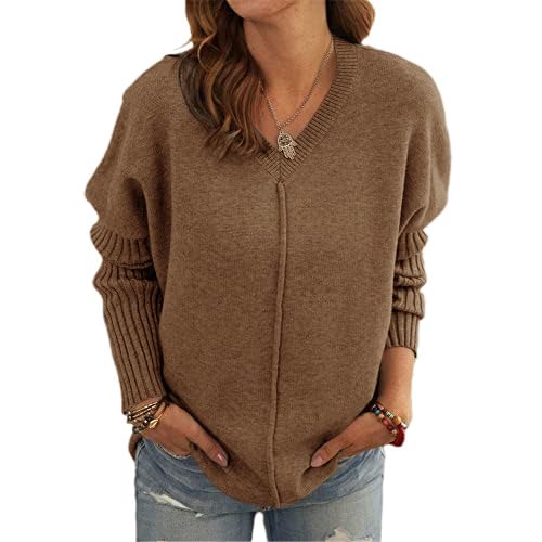 NIUBIA Women's V-Neck Solid Color Sweater Rib Knit Pullover Casual Long Sleeve Autumn Tunic Top