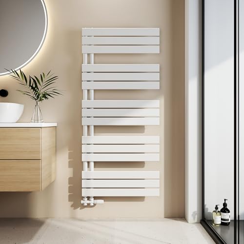EMKE Badheizkörper Flach 1320x600 mm, Handtuchheizkörper mit Seitenanschluss, Effizienter Handtuchwärmer Handtuchtrockner Heizkörper für Bad, Weiß, 798W