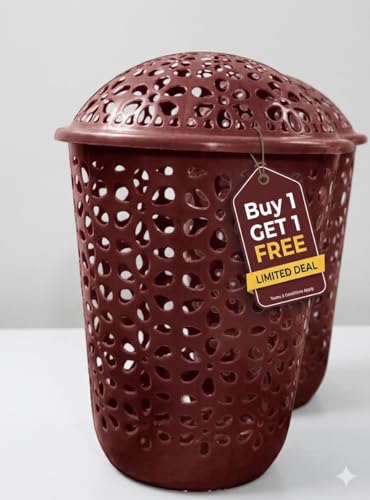 Image of Plastic Laundry Basket with Dome Lid, Brown, Cutwork Design, Pack of 2