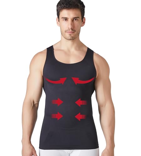 Camiseta Compresiva Hombre Sin Costuras, Prenda Moldeadora Reductora de Abdomen, Camiseta Interior Anti-Ginecomastia Estilizadora (Negro, L)