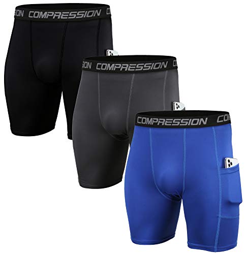 Holure Men's 3 Pack Performance Compression Shorts with Pokets,Black/Gray/Blue XL