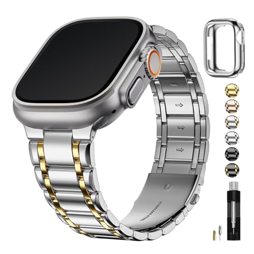 Fullmosa Compatible con Apple Watch Correas Ultra 49mm,Acero inoxidable Correas de Repuesto iWatch con Funda TPU para Ultra Ultra2,Plata con oro