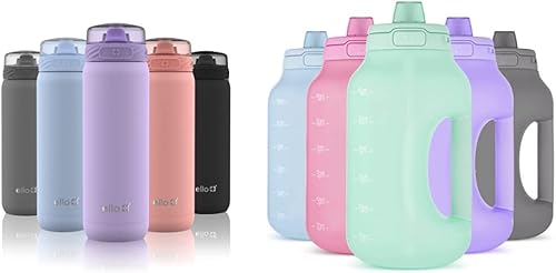 Ello Cooper Botella de agua de acero inoxidable al vacío con popote suave y lazo de transporte, jarra de medio galón Hydra con marcador de tiempo y