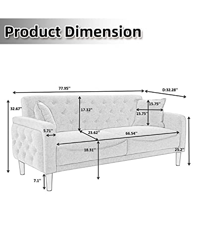 Vipnew 78" Linen Tufted Sofa, Mid-Century Modern Loveseat Couch With 2 Throw Pillows, Armrest And Wooden Legs, Beige #TOP1