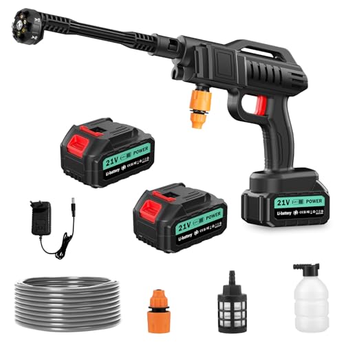 Nettoyeur Haute Pression sans Fil 21V, 80 Bar de Pression - avec 2 Batteries et Tuyau Long 5m - Buse Multifonctions 6 en 1 pour Nettoyage Facile