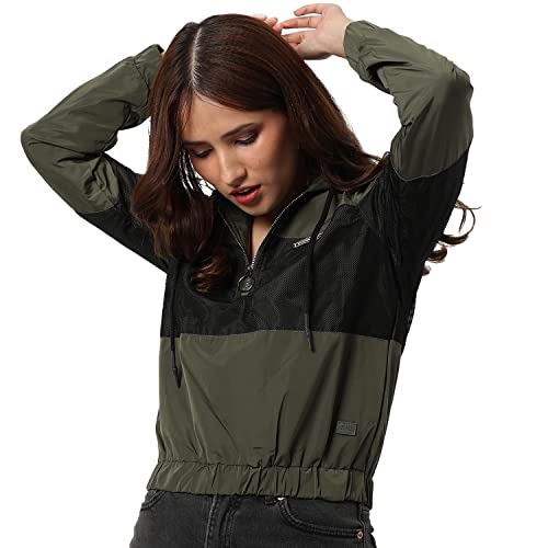 Image of Campus Sutra Women Olive Green & Black Puffer Regular Fit Bomber Jacket For Winter Wear | Standing Collar | Full Sleeve | Zipper | Casual Jacket For Woman & Girl | Western Stylish Jacket For Women