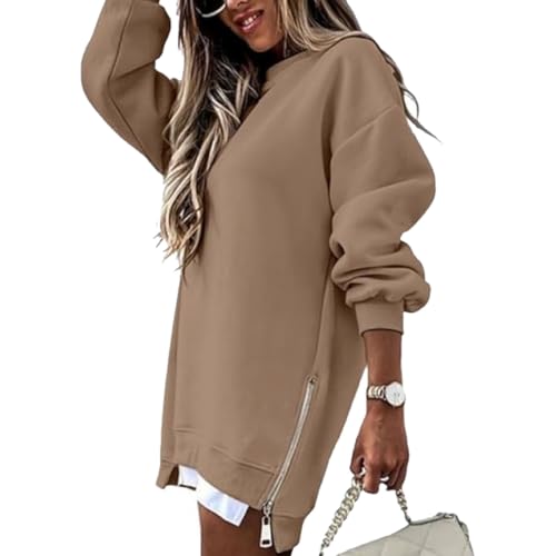 ROFIHOKS Langarm-Pullover mit Reißverschluss und Schlitz, Freizeitkleid, Oversize-Sweatshirt, Rundhalsausschnitt (Khaki,L)
