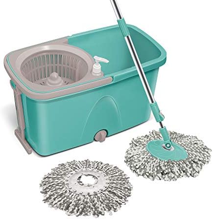 Spotzero by Milton Classic Spin Mop Bucket on Wheels, Extendable Handle | Liquid Dispenser | Wringer Set | 360 Spinning Mop Bucket Floor Cleaning & Mopping System with 2 Microfiber Refills, Aqua Green