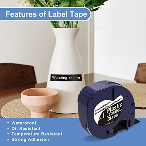5 x Refil de plástico branco sobre preto para rotulador Dymo de substituição de 12 mm x 3 m, compatí