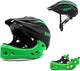 Kinder Fahrradhelm Leicht Integralhelm Kinder mit Abnehmbaren Kinnschutz Abnehmbarer Visier Kinder Downhill Helm für Balance Bike Scooter Roller Skates Schwarz-Grün/M
