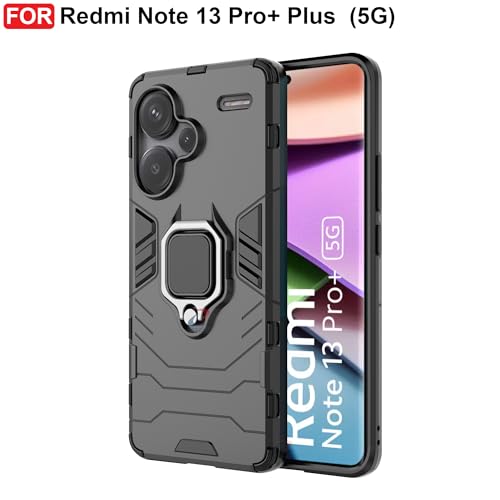Image of CEDO Kickstand Cover for Redmi Note 13 Pro+ Plus (5G) Rugged Case | Built-in Stand Rotating Ring Holder | Military Grade Armor Bumper Back Cover (Black)