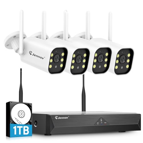 Jennov 5MP Kit Videosorveglianza WiFi, 10CH 5MP WiFi NVR mit 4X Telecamere WiFi mit Grandangolo a 120°, Registrazione 24/7, Rilevamento Persona, Audio Bidirezionale, Visione Notturna a Colori, 1TB