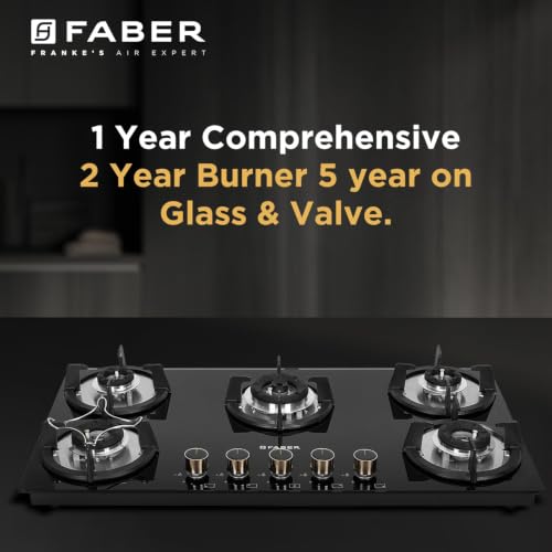 Image of Faber Hob 90 cm 5 Burner|Auto-Ignition|Spillage Proof|Brass Burners|Metal Knobs|Pan Support|2yrs on Burner,5 Yrs Warranty on Valve & Glass|2Yrs Comprehensive warranty|HOB SUPERIA HT905 BR AI IN