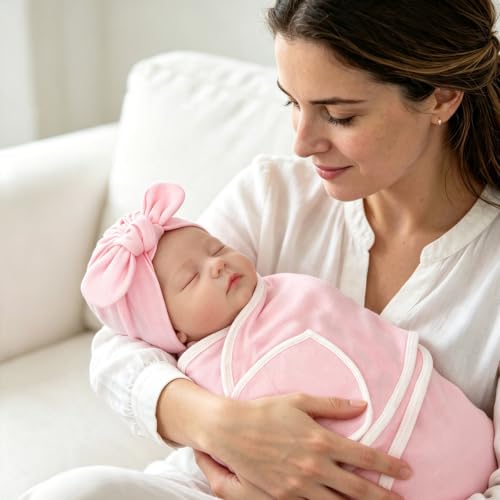 Image of DRESHOW BQUBO 3 Pack Newborn Baby Swaddle Blanket with Hats Infant Adjustable Velcro Swaddling Wraps with Bear Ears Cap for 6-12 Lbs Newborns & 0-3 Months Girls Boys